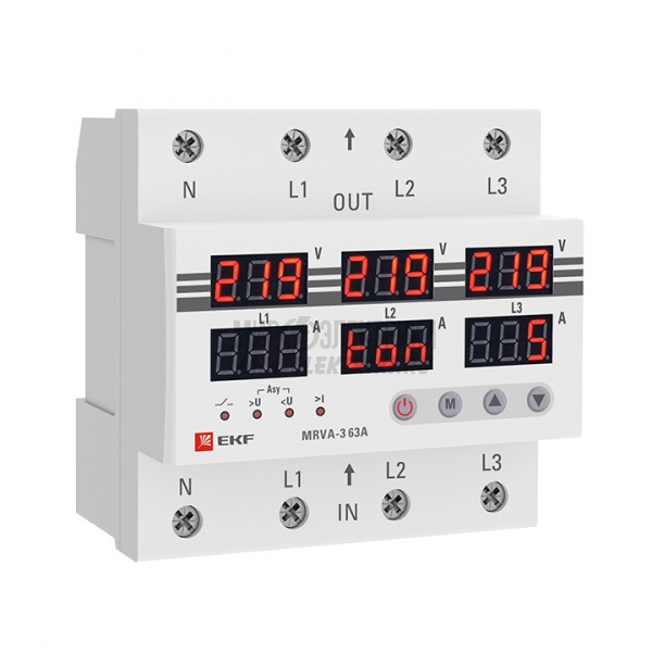 Реле напряжения и тока трехфазное с дисплеем MRVA-3 63A EKF